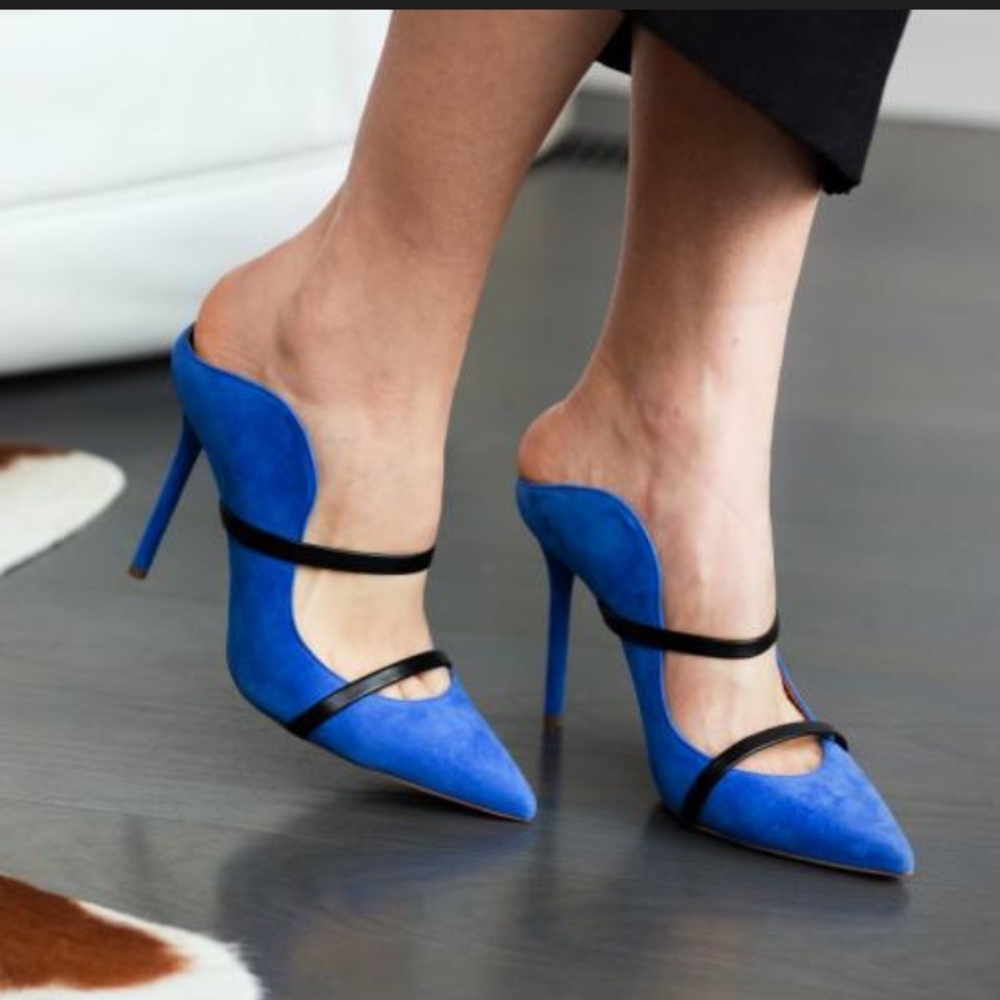 Malone Souliers Vibrant Blue Mules with Black Straps